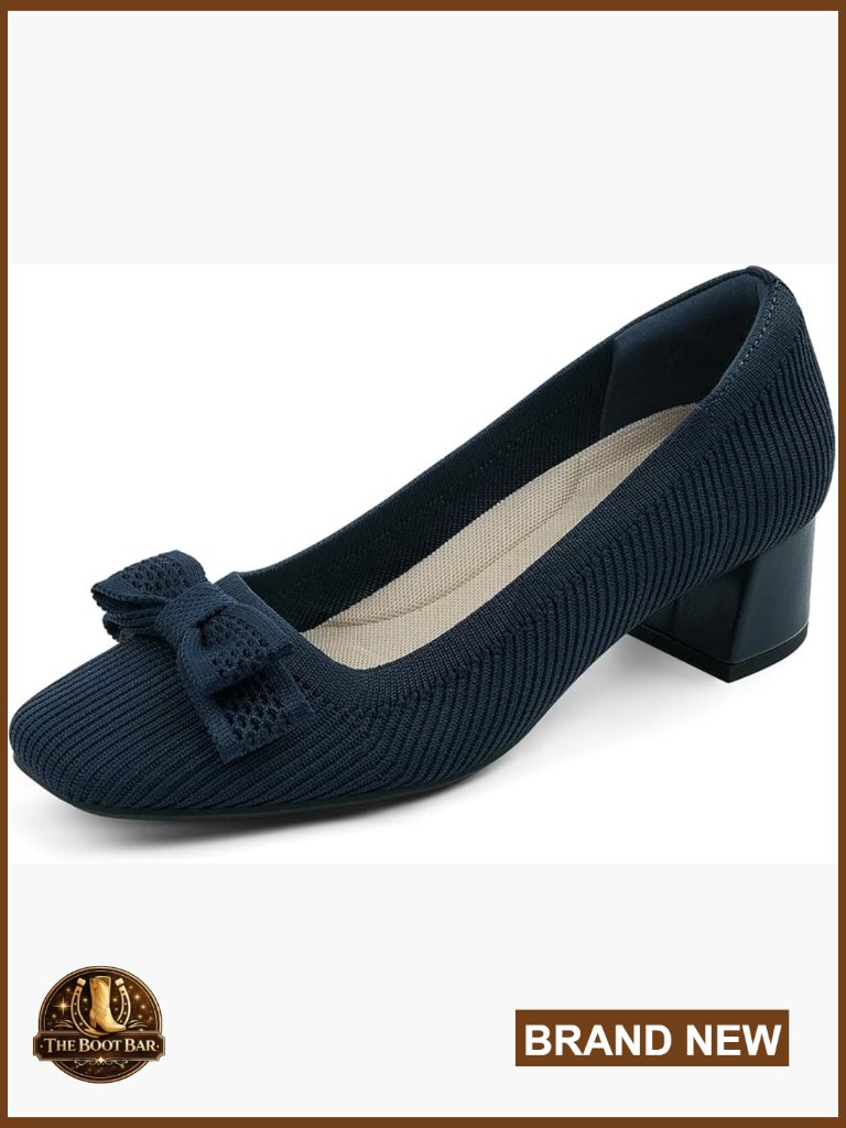 Low Chunky Heels Dress Shoes Comfort Knit Block Heeled Pumps Square Toe Bow